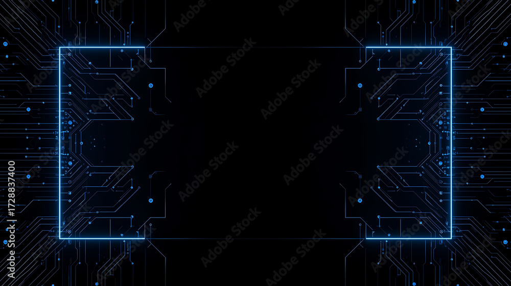 Obraz premium Abstract Circuit Board Design with Glowing Blue Frame on Black Background for High Technology and Innovation Concepts