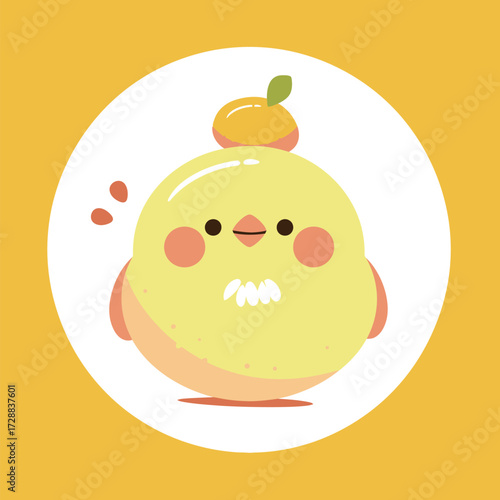 A cheerful cartoon chick stands in the center with a round shape and a fruit perched on its head. The bright yellow background enhances its playful appearance.
