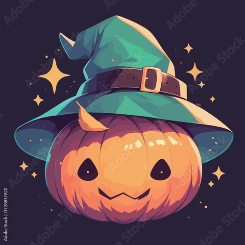 A cheerful pumpkin with a sly smile is wearing a teal witch hat. It shines with sparkles against a dark background, adding a festive touch to Halloween.