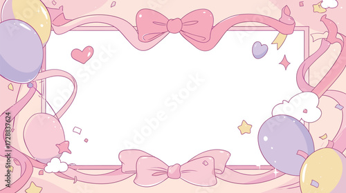 Colorful background features pastel balloons, ribbons, and decorative elements, perfect for invitations or greeting cards celebrating special events.