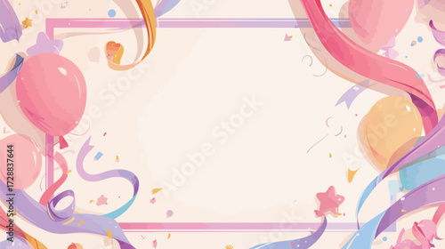 Bright balloons and flowing ribbons form a lively border, setting the scene for a joyful celebration filled with excitement and fun. Perfect for invitations or announcements.