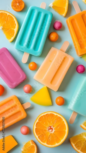 Colorful fruit popsicles arrangement on light blue background overhead flat lay close up view