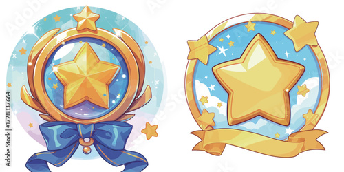 Two vibrant star awards are displayed, featuring a golden star at the center, surrounded by blue skies and golden elements designed to celebrate achievements and success.