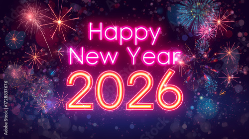 Vibrant neon glowing text “Happy New Year 2026” with colorful fireworks, sparkling glitter lights, radiant night sky background, festive celebration design.