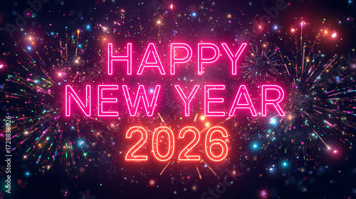 Vibrant neon glowing text “Happy New Year 2026” with colorful fireworks, sparkling glitter lights, radiant night sky background, festive celebration design.
