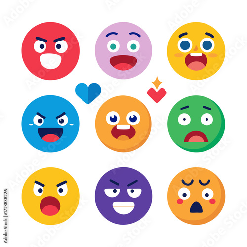Collection of flat emoji icons with various facial expressions