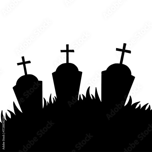 Halloween graveyard silhouette vector illustration. Dark cemetery tombstones in grass silhouette