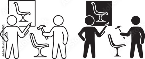 Furniture Design and Assembly Concept – People Building Chair from Blueprint Vector Icon