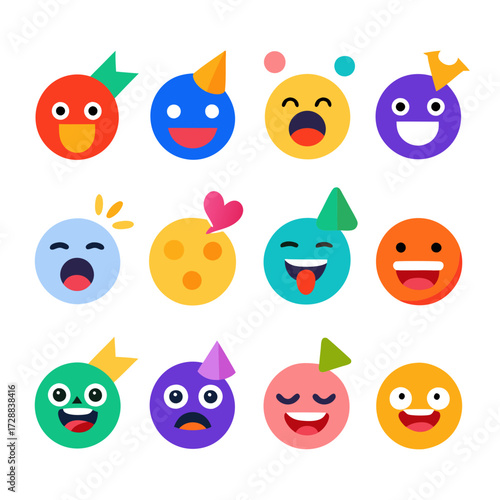 Colorful emoticon collection with party hat and facial expressions