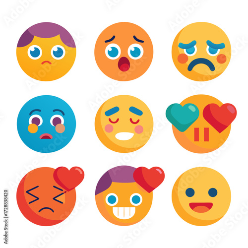 Variety of flat design emoji illustrations depicting different emotions