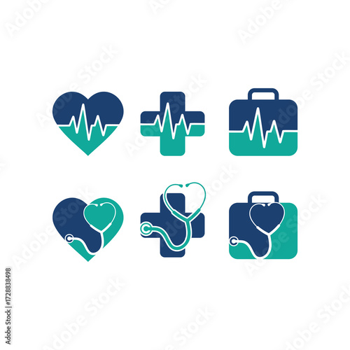A set of six modern medical and healthcare icons featuring a heart, cross, and doctor's bag with EKG lines and stethoscopes.