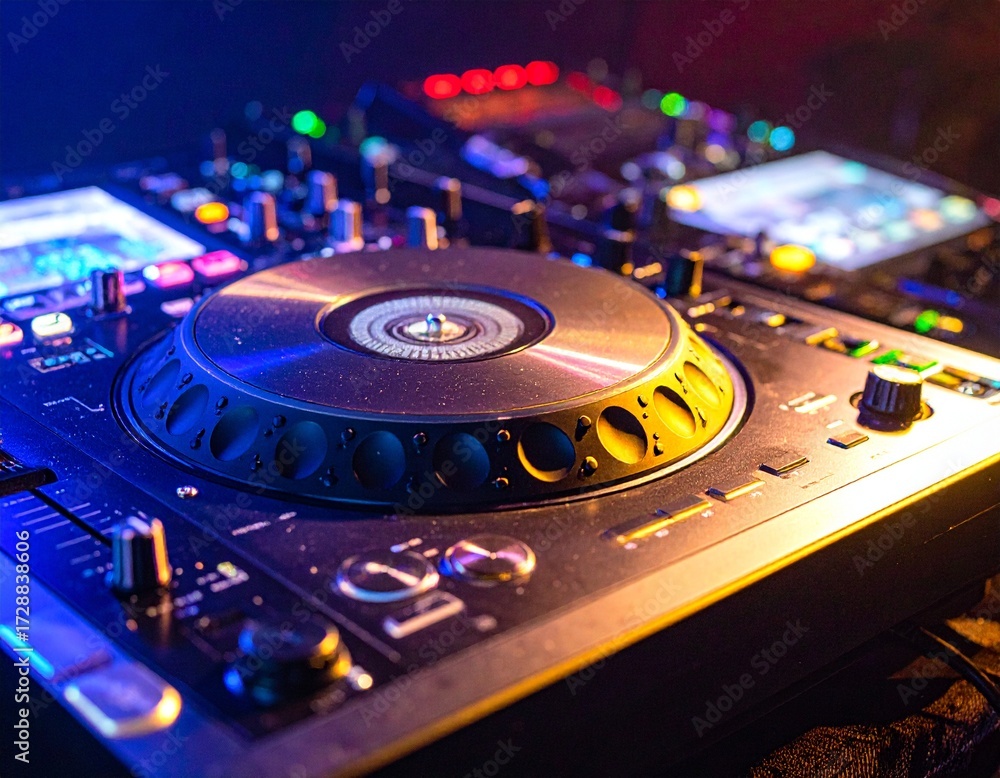 Obraz premium Close-up of DJ turntable and mixer with colorful LED lights, party atmosphere.