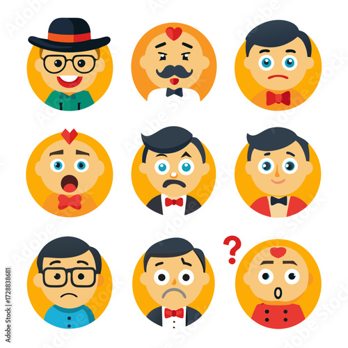Collection of cartoon faces with various expressions and accessories