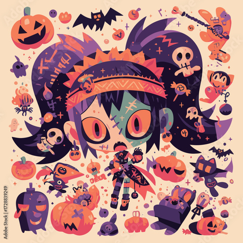 A vibrant Halloween scene shows a playful character with spooky attire in a lively setting. Surrounding elements include pumpkins, bats, skeletons, and other thematic decorations.