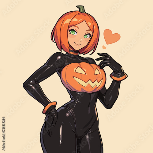 A girl dressed in a black latex outfit with a pumpkin design poses cheerfully for Halloween. Her bright green eyes shine as she shows off festive spirit.