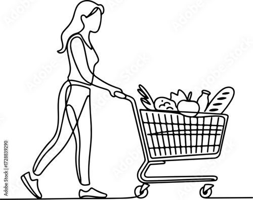 Single line drawing of a woman pushing a shopping cart full of groceries and produce