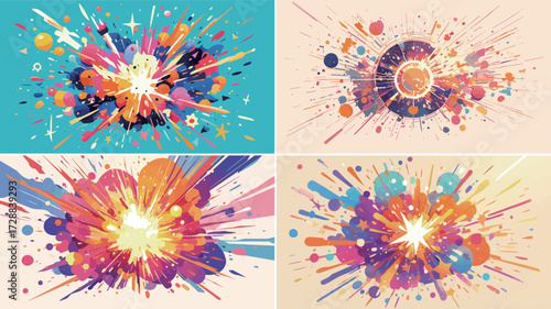 Bright splashes of color create energetic bursts across four panels, featuring abstract designs that evoke feelings of movement and creativity.