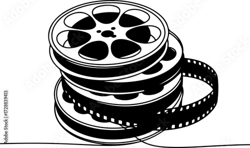 Stacked film reels with unwound strip, vector graphic art representing classic cinema