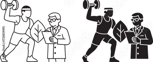 Fitness Training Consultation Icon Set – Athlete with Dumbbell and Nutritionist Coaching