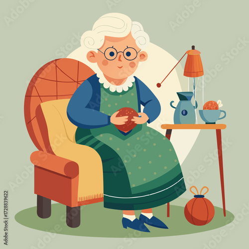 Cozy grandmother knitting a warm ball of yarn in her armchair