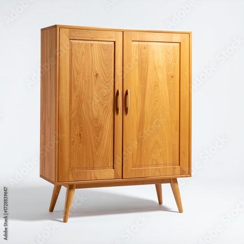 Minimalist wooden cabinet with double doors on tapered legs against a white background