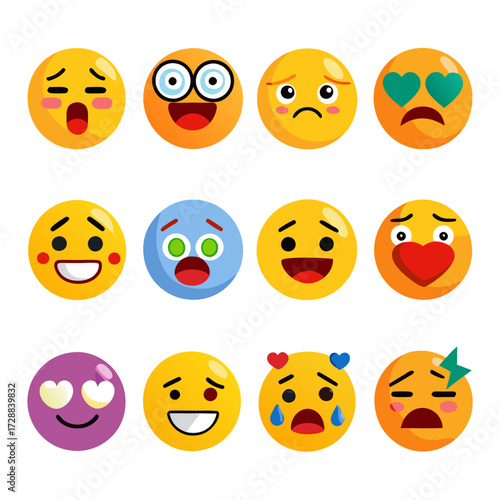 Variety of colorful emoji vector illustrations on white background