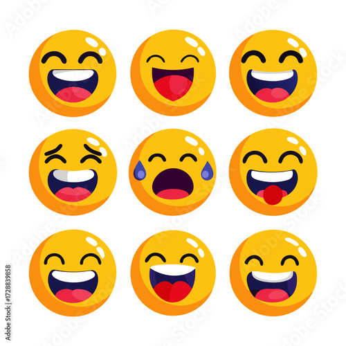 Collection of nine different smiling emoji icons illustration