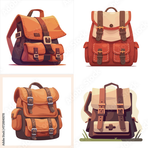 A display of four stylish leather backpacks showcasing different colors and designs on a clean background. Each bag features unique straps and pockets.