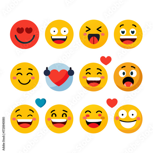 Collection of diverse cheerful emoji faces with hearts
