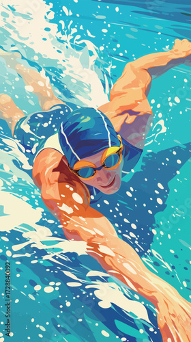 A swimmer with goggles and a cap is gliding smoothly through a bright blue pool, creating splashes of water. The scene captures the joy of swimming on a sunny day.