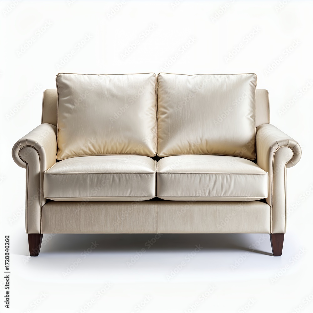 Naklejka premium Elegant two-seater sofa with soft cushions and rolled arms against white backdrop
