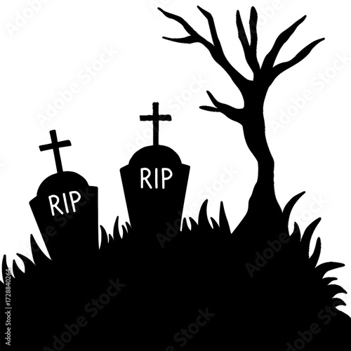 Spooky graveyard silhouette with dead tree for halloween. Dark cemetery tombstones in grass silhouette