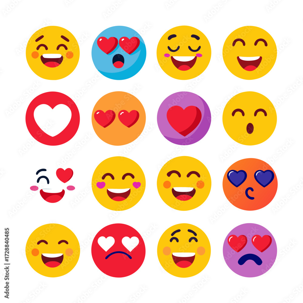 Fototapeta premium Collection of Cute Emoji Faces and Hearts Flat Design