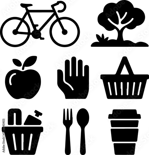 A versatile silhouette vector icon set for an eco-friendly and active lifestyle concept