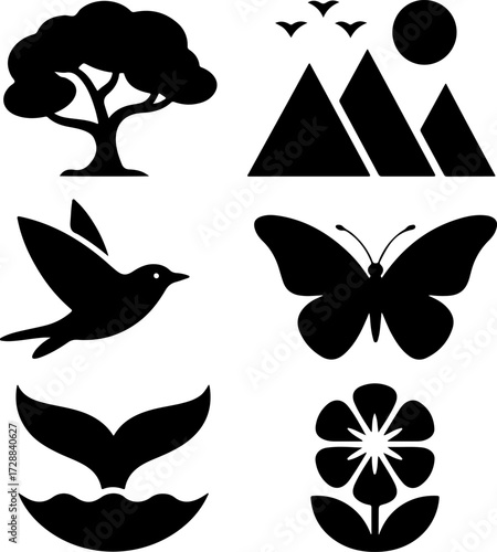 A vector set of six black silhouette icons symbolizing nature, wildlife, and environmental themes