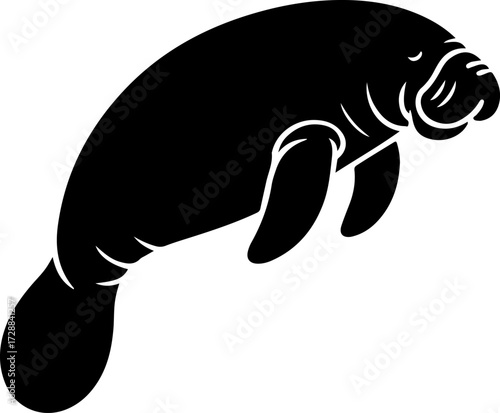 Black silhouette of a sea cow, a large marine mammal, floating in the water, a cute illustration