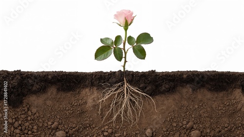 Wide horizontal photo of young rose plant in shallow soil cross-section with bloom and roots