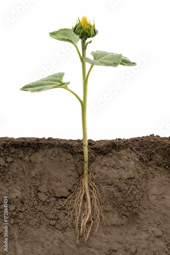 Wallpaper Mural Vertical photo of young sunflower sprout with bud and roots in shallow soil cross-section Torontodigital.ca