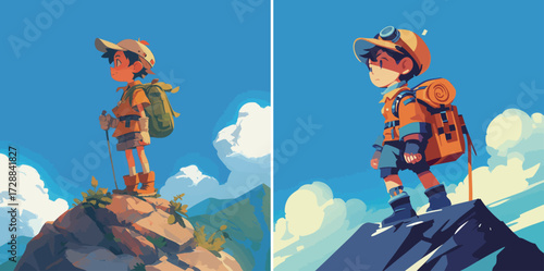 A child stands atop a rocky peak, dressed for exploration with a backpack and gear, eagerly looking at the scenic landscape under a clear blue sky.