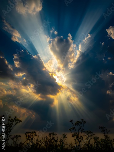 Sun rays shining through clouds creating a dramatic sky landscape with vegetation