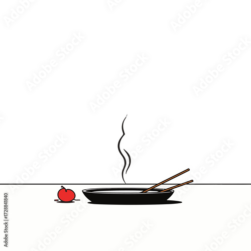 Minimalist incense holder with smoke and red accent, serene ambiance