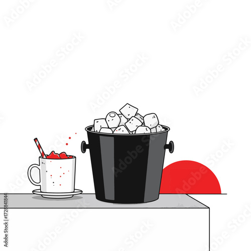 Minimalist ice bucket with drink on counter, modern simplicity