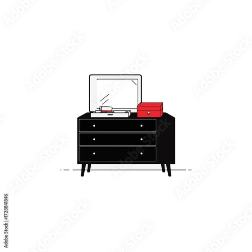 Minimalist black and white dresser with red accent box, modern decor