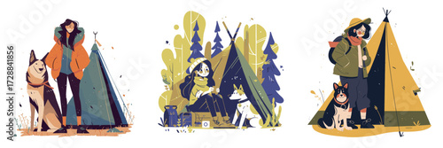 A group of campers enjoys a bright day in the forest with tents set up. They are accompanied by dogs, creating a joyful outdoor atmosphere.
