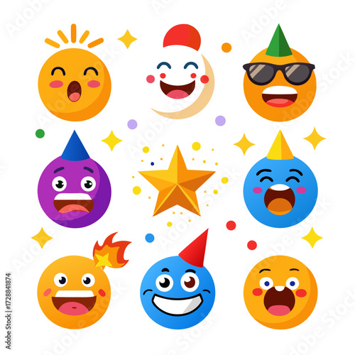 Cartoon Emoticons Celebrating with Party Hats and Starbursts