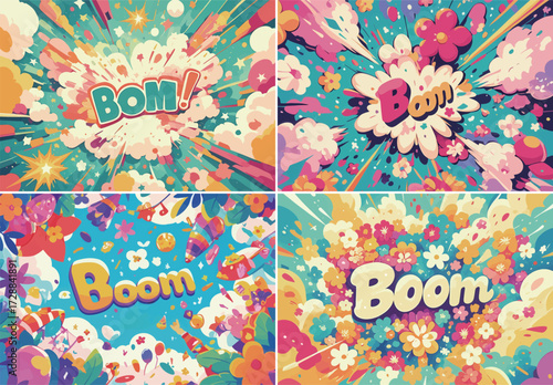 Bright and playful illustrations showcase the word boom amidst colorful explosions, flowers, and celebratory elements, perfect for festive occasions.