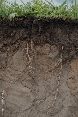 Vertical photo of soil cross-section with plant roots and natural textures