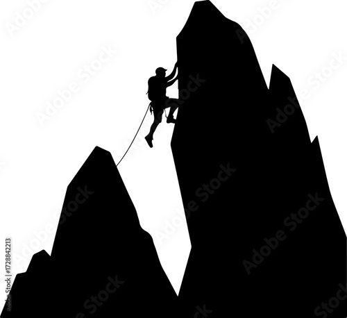 Dynamic silhouette of a resilient climber ascending a towering rocky mountain peak, symbolizing triumph and human endeavor