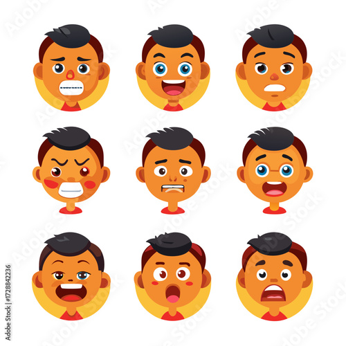 Cartoon Boy Emoticons Expressing Various Emotions in Flat Style