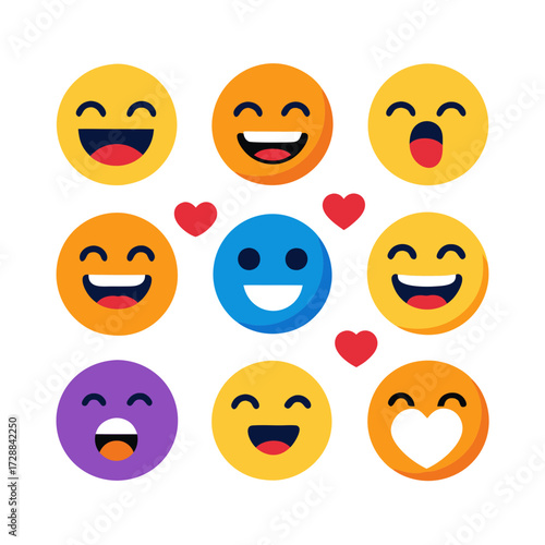 Collection of Flat Design Smiling Emoticons with Hearts Illustration